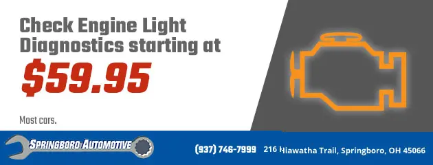 Advertisement for check engine light diagnostics starting at $59.95. Features an engine icon and contact details for Springboro Automotive, with a phone number and address in Springboro, Ohio.