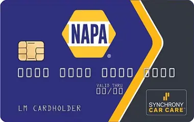 Financing, Auto repair shop in Springboro, OH, Springboro Automotive. Image of a blue credit card featuring the NAPA logo at the center. It has a chip on the left side and text indicating SYNCHRONY CAR CARE on the bottom right. The cardholder name is LM CARDHOLDER.