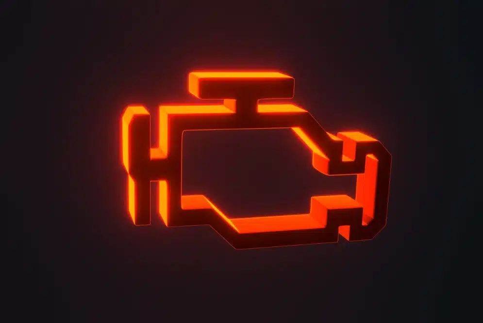 Image of a glowing red-orange check engine light symbol, signaling the need for engine diagnostics and professional automotive inspection.
