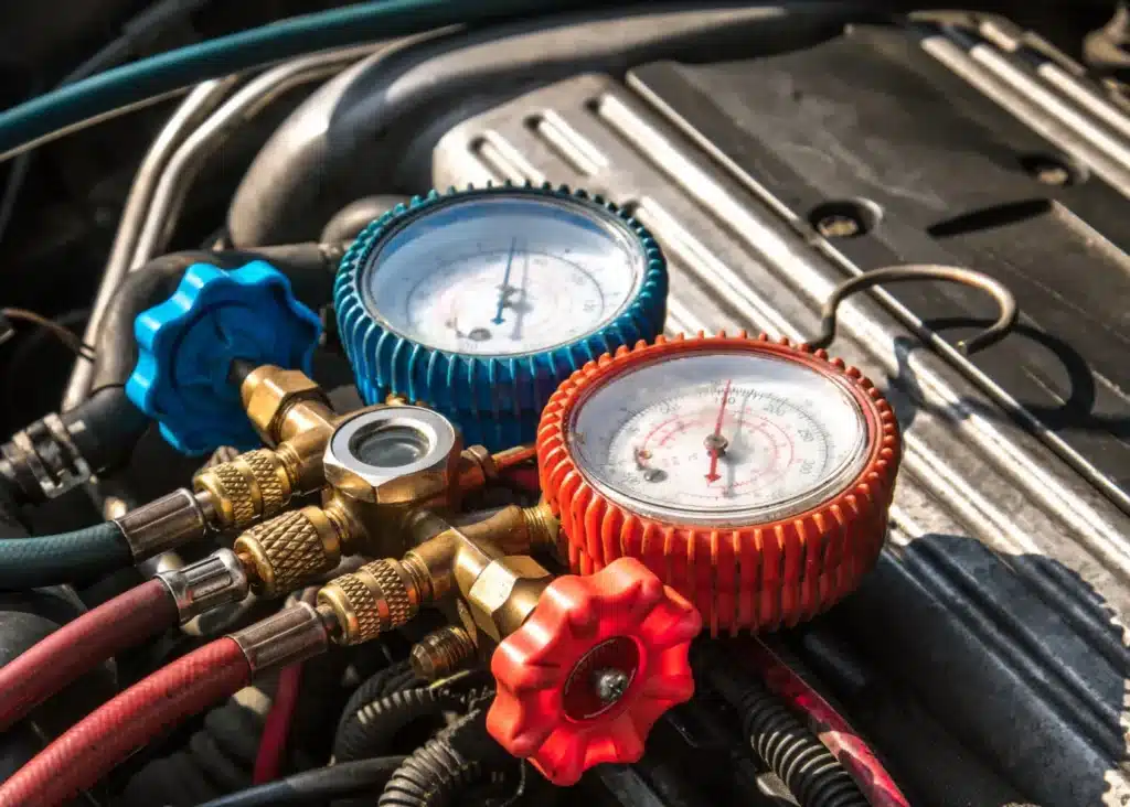 auto ac repair near me, Auto repair shop in Springboro, OH, Springboro Automotive. Close-up of an air conditioning manifold gauge set with blue and red dials, connected to various hoses and mounted on an automotive engine. The sun casts shadows on the metallic surfaces.