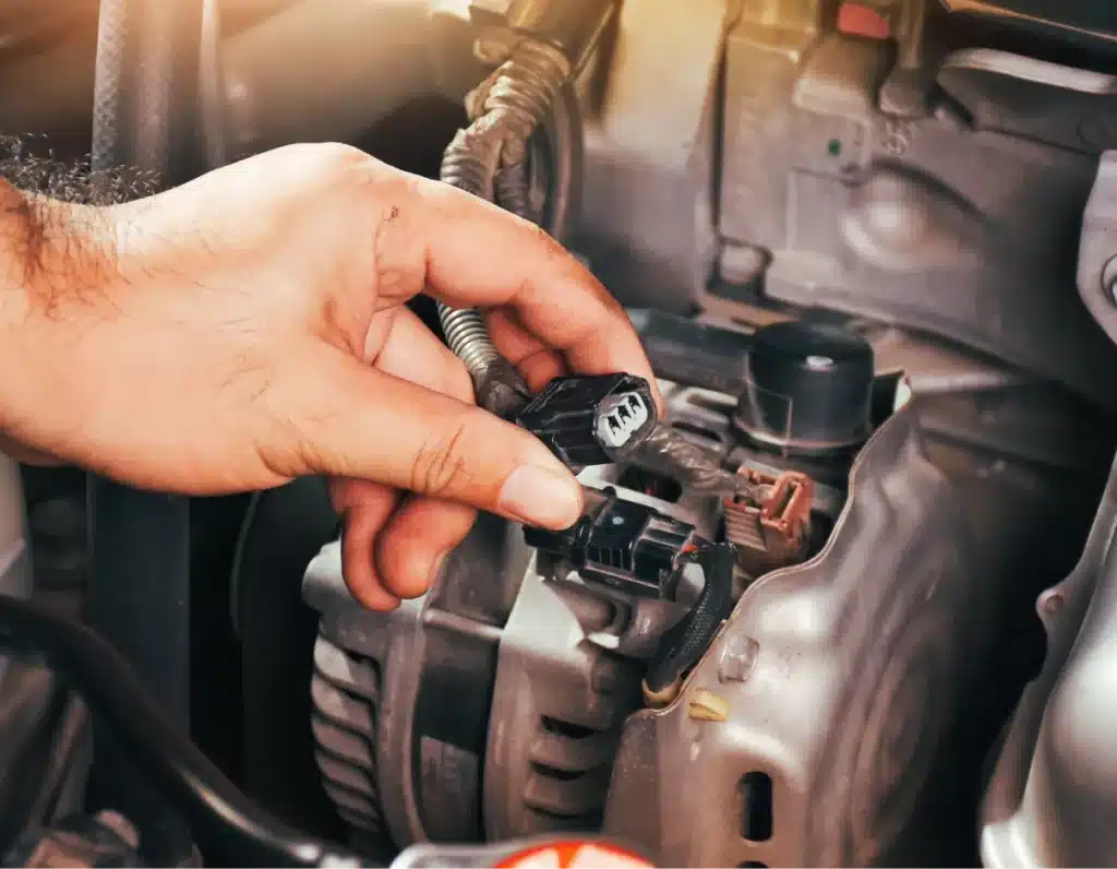 auto electrical repair, Auto repair shop in Springboro, OH, Springboro Automotive. A hand is connecting a plug to a component in a car engine, possibly the alternator. The surroundings include various wires and engine parts, with sunlight illuminating the scene.